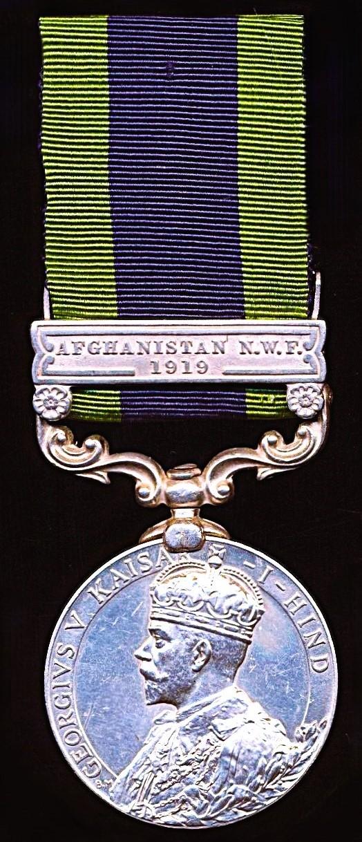 India General Service Medal 1908-35. GV first type. Silver issue, with clasp 'Afghanistan N.W.F. 1919' (1021 Rfmn Ait Sing Thapa, 3-2 Grks)