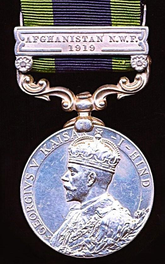 India General Service Medal 1908-35. GV first type. Silver issue, with clasp 'Afghanistan N.W.F. 1919' (1021 Rfmn Ait Sing Thapa, 3-2 Grks)