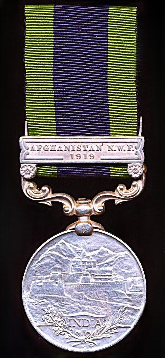 India General Service Medal 1908-35. GV first type. Silver issue, with clasp 'Afghanistan N.W.F. 1919' (1021 Rfmn Ait Sing Thapa, 3-2 Grks)