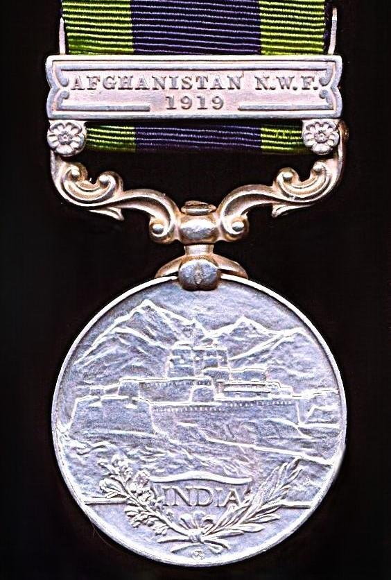 India General Service Medal 1908-35. GV first type. Silver issue, with clasp 'Afghanistan N.W.F. 1919' (1021 Rfmn Ait Sing Thapa, 3-2 Grks)