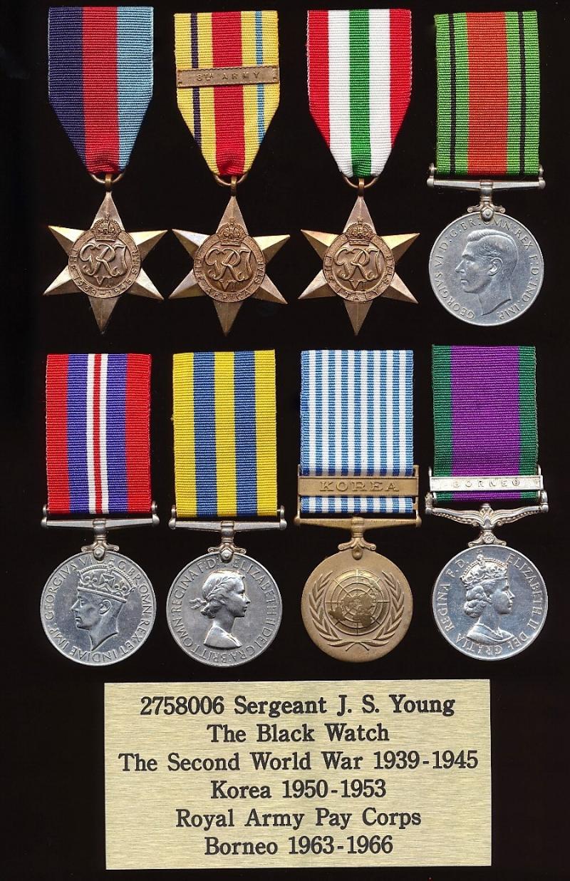 A Jock's Edinburgh / Richmond (London) local interest post-war medal group of 3 to a veteran of the Second World War: Sergeant John Gilbert Young, Royal Army Pay Corps, late 1st Battalion Black Watch (Royal Highland Regiment)