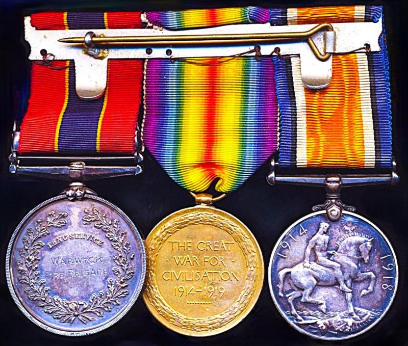 A Warwick Steam-Roller-Driver's Great War & Fire Brigade campaign & long service medal group of 3: Second Engineer Ernest Walter Anker, Warwick Fire Brigade late Royal Warwickshire Regiment