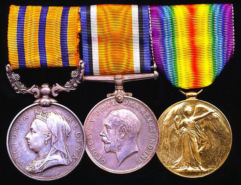 A Rhodesia Rebellion 1896 & Great War 'East Africa' campaign medal group of 3: Staff Sergeant James Wallace, East African Pay Corps, late Matabeleland Relief Force Corps