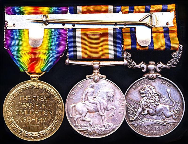 A Rhodesia Rebellion 1896 & Great War 'East Africa' campaign medal group of 3: Staff Sergeant James Wallace, East African Pay Corps, late Matabeleland Relief Force Corps