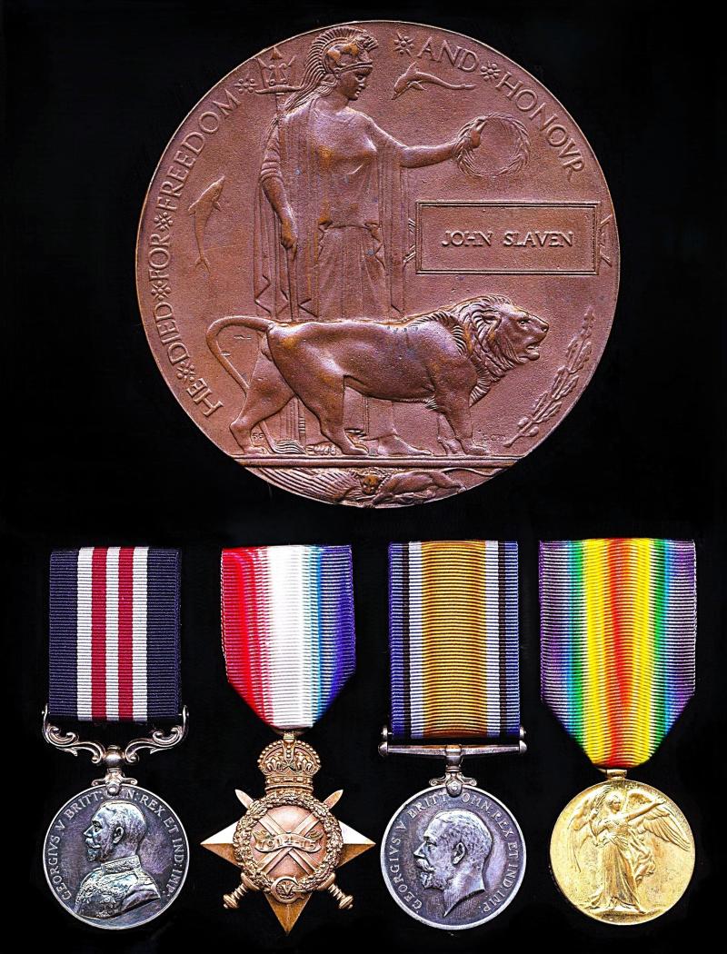 A Wigtownshire Casualty & confirmed 'Battle of Vimy Ridge' gallantry & campaign medal group of 4 together with Memorial Plaque: Corporal John Slaven, M.M., 2nd Battalion King's Own Scottish Borderers