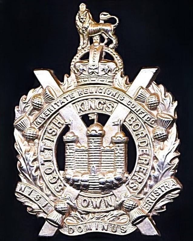 King's Own Scottish Borderers. Cap Badge. Kings Crown in white-metal. Circa 1902-1952