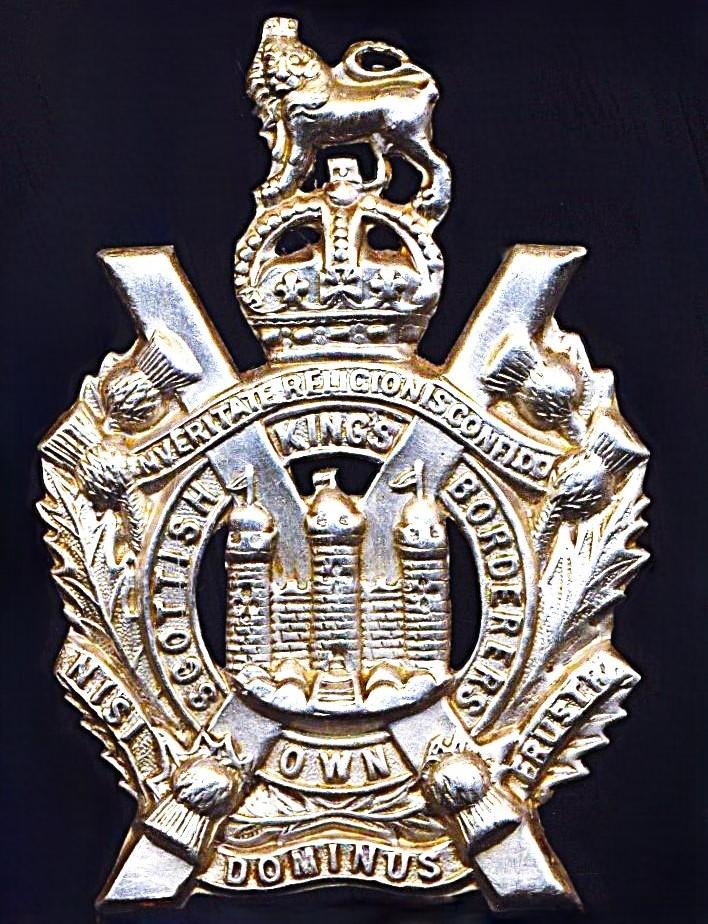 King's Own Scottish Borderers. Cap Badge. Kings Crown in white-metal. Circa 1902-1952