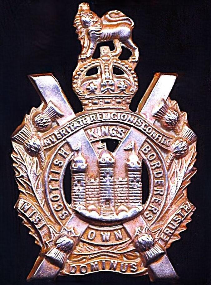 King's Own Scottish Borderers. Cap Badge. Kings Crown in white-metal. Circa 1902-1952