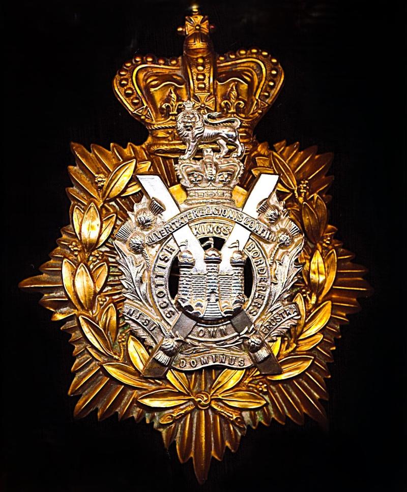 King's Own Scottish Borderers: Other Ranks Helmet Plate (two-piece). Gilding metal & white metal. Victorian Crown. Issue circa 1887-1901