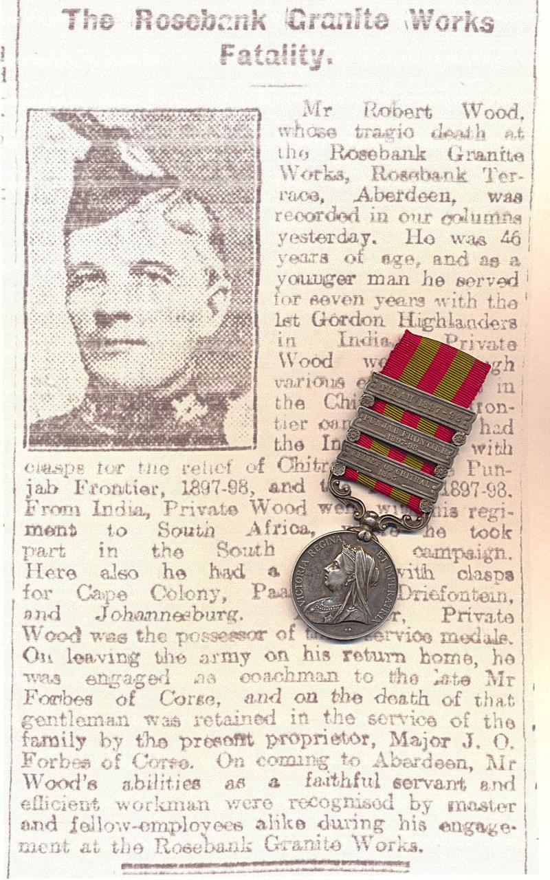 India General Service Medal 1895. Victoria, silver issue with 3 x clasps 'Relief of Chitral 1895', 'Punjab Frontier 1897-98' & 'Tirah 1897-98' (4177. Pte R. Wood. 1st Bn Gordon Highrs)