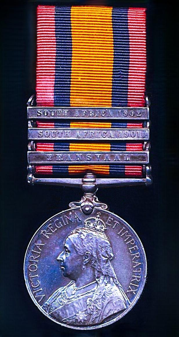 Queen's South Africa Medal 1899-1902. Silver issue with 3 x clasps 'Transvaal', 'South Africa 1901' & 'South Africa 1902' (7002 Pte. E. F. Lawson. Vol. Coy. W. York. Regt.)