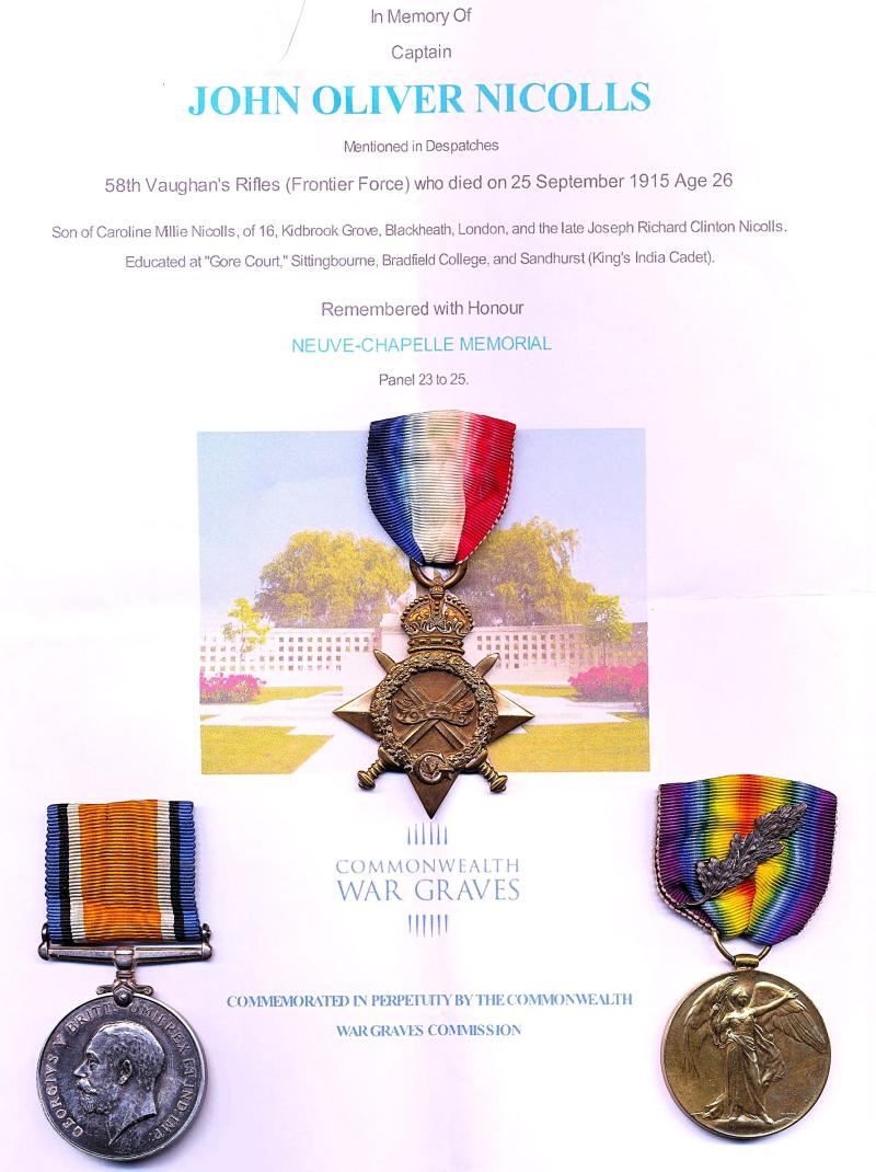 An 'Indian Corps' British Officer Killed-in-Action & Mentioned-in-Despatches for 1st Day Battle of Loos: Captain John Oliver Nicolls, 58th Vaughn's Rifles, Indian Army