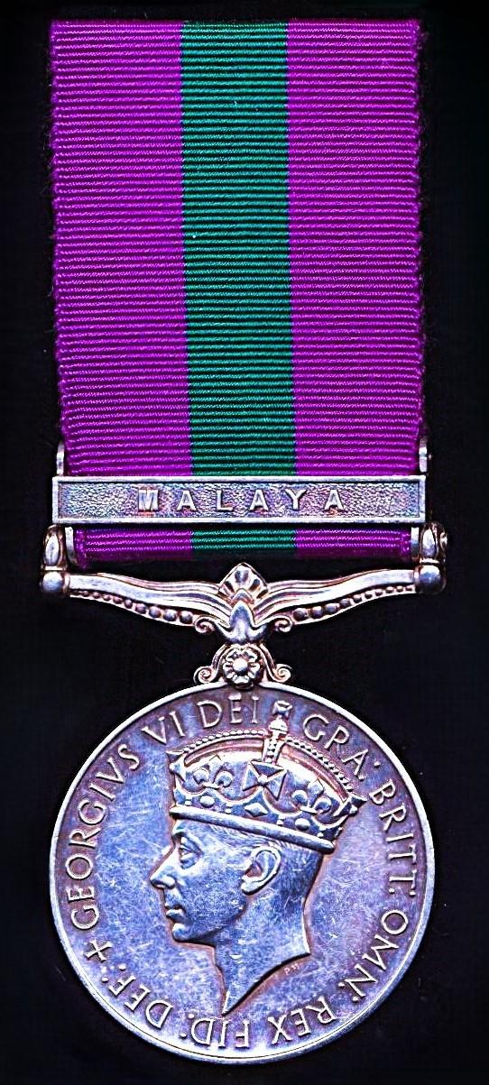 General Service Medal 1918-62. GVI second issue with clasp 'Malaya' (21134791 Rfn. Ratnabahadur Thapa. 2 G R)