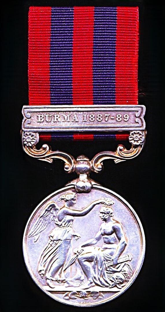 India General Service Medal 1854-95. Silver issue with clasp 'Burma 1887-89' (Asst. Apothecary T. A. S. Connor S.M.D. Madras)