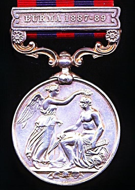 India General Service Medal 1854-95. Silver issue with clasp 'Burma 1887-89' (Asst. Apothecary T. A. S. Connor S.M.D. Madras)
