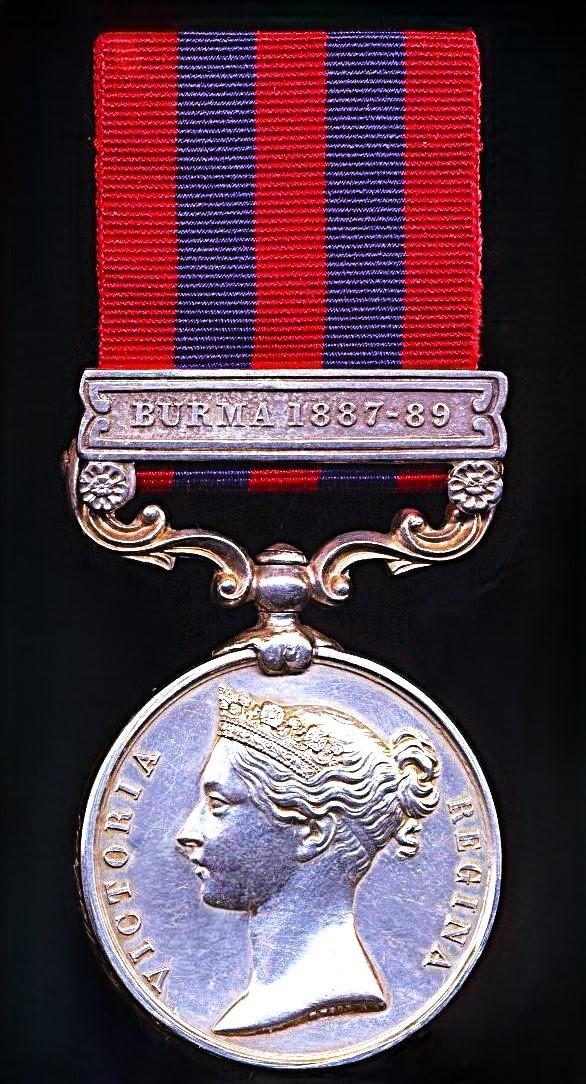 India General Service Medal 1854-95. Silver issue with clasp 'Burma 1887-89' (Asst. Apothecary T. A. S. Connor S.M.D. Madras)