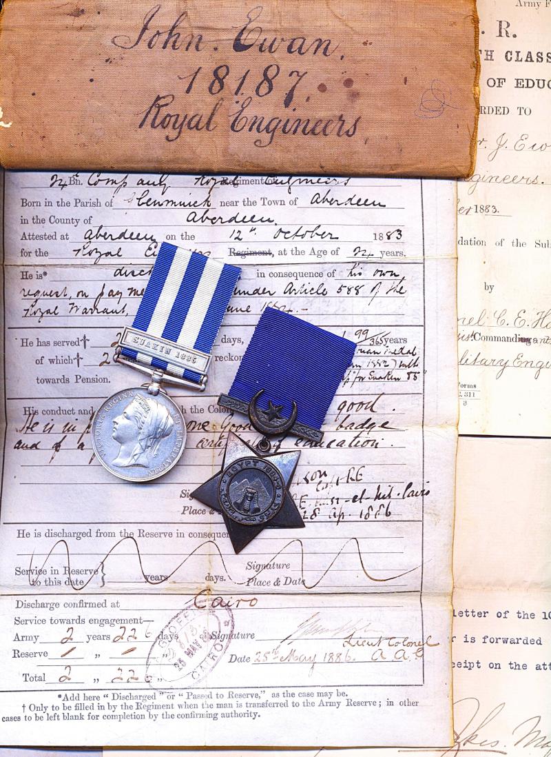 A Glenmuick / Ballater / Aboyne / Canada & Sudan interest well documented Sudan 1885 Campaign pair of medals: Sapper John Ewan, Royal Engineers, late 24th Company Royal Engineers