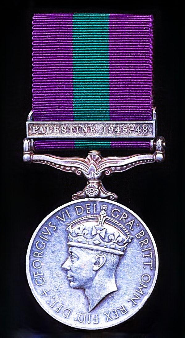 General Service Medal 1918-62. GVI second type with clasp 'Palestine 1945-48' (25338 L-Hav Sadhu Ram, Baluch R.)