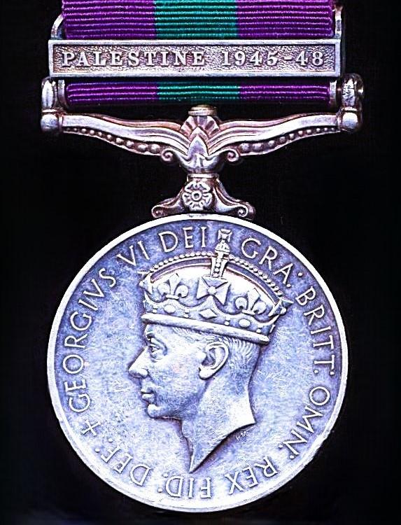 General Service Medal 1918-62. GVI second type with clasp 'Palestine 1945-48' (25338 L-Hav Sadhu Ram, Baluch R.)