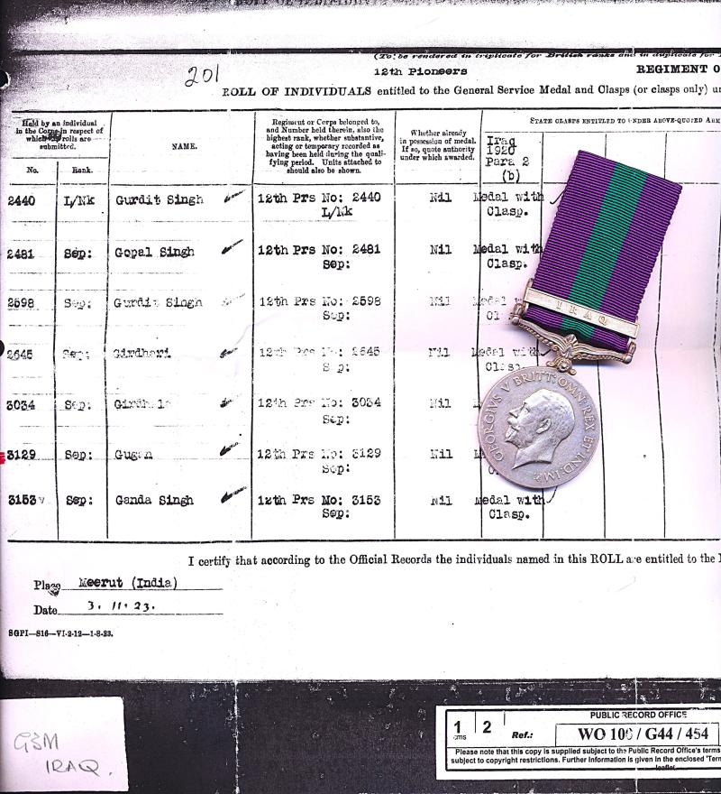General Service Medal 1918-62. GV first issue with clasp 'Iraq' (3129 Sepoy Gugan. 12-Pioneers.)