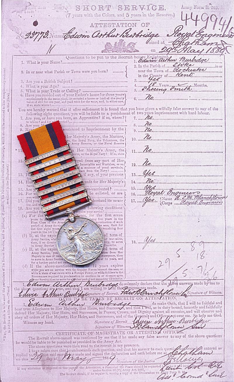 Queen’s South Africa Medal 1899-1902. Silver issue with 7 x clasps, 'Relief of Kimberley', 'Paardeberg', 'Driefontein', 'Johannesburg', 'Diamond Hill', 'Belfast'& 'South Africa 1901' (23773, Sapr. E. A. Burbidge. R.E.)