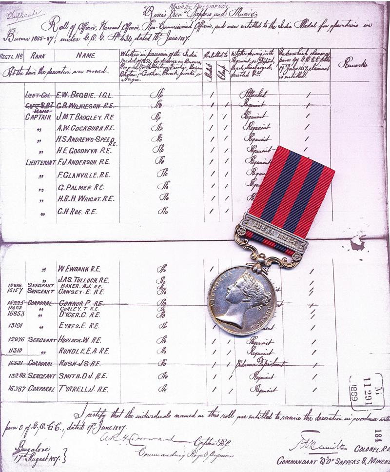 India General Service 1854-95. Silver issue with clasp 'Burma 1885-7 (12876. Sergt. W. Hurlock. R.E.) 