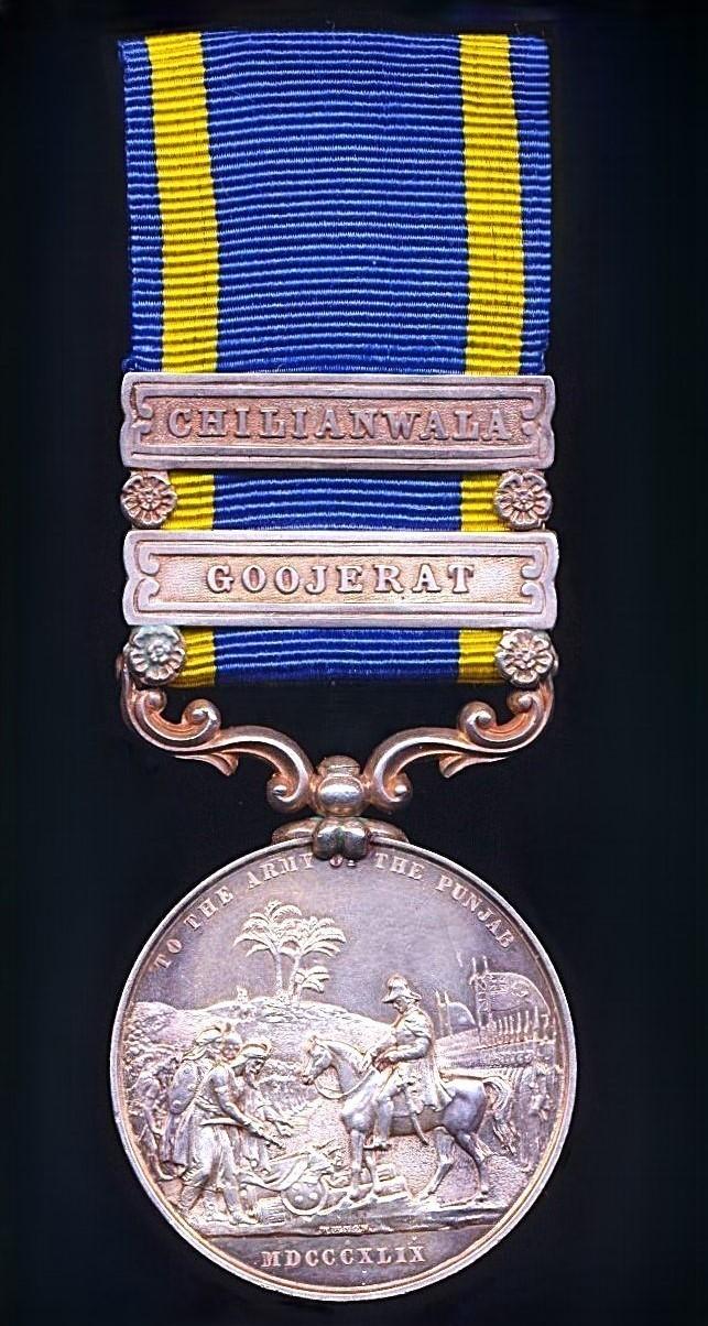 Punjab Medal 1848-49. With 2 x clasps 'Chilianwala' & 'Goojerat' (Sowar Shaik Niraz Ahmud 9th I C)